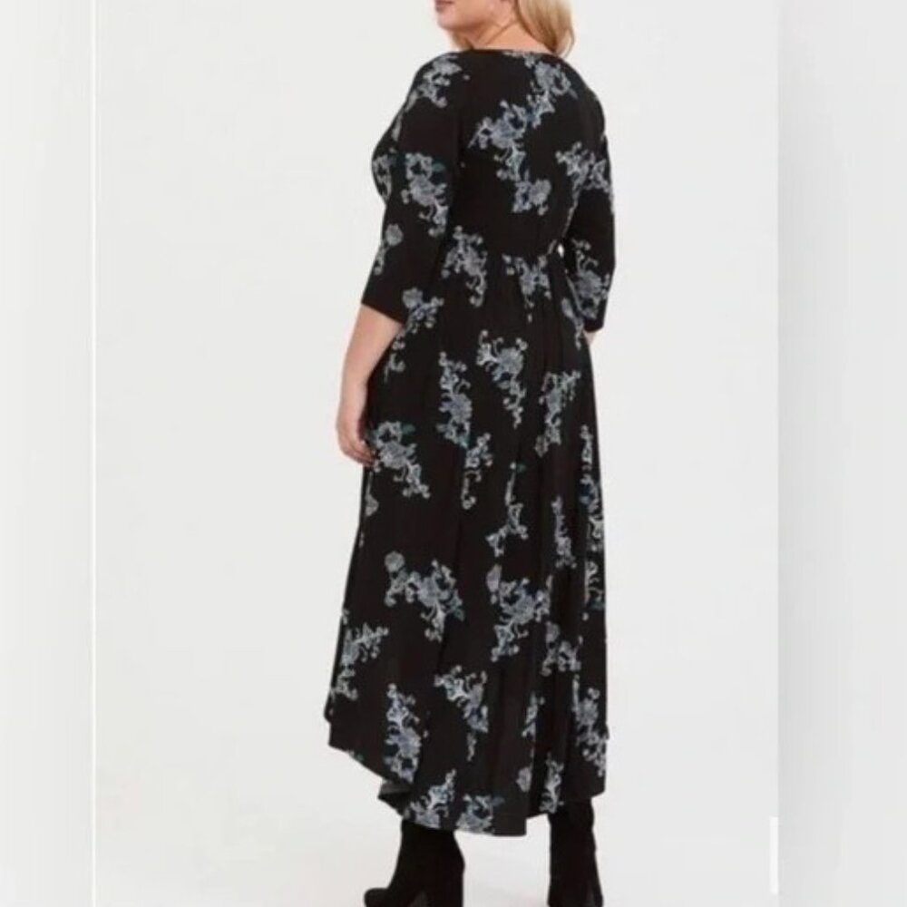 TORRID Dress 2 Black Floral Maxi High Low Hem V Neck 3/4 Sleeve Button Front - Picture 3 of 16